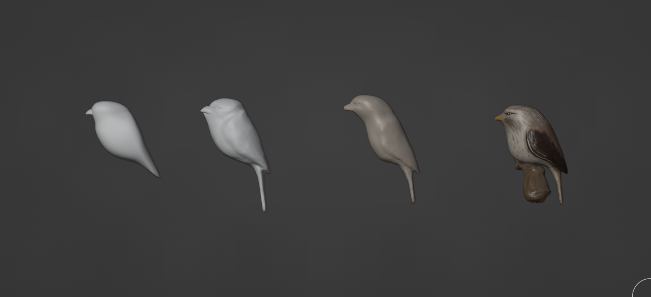 A screenshot showing different attempts/iterations of the sculpt. The first two are nonsense. The third has a more stretched out pose, and the last is more plump and includes a branch