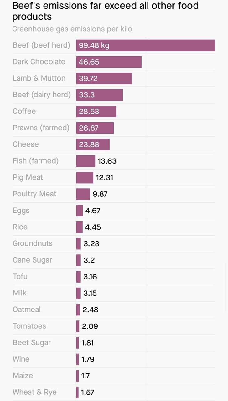 A chart from Quartz via Our World In Data showing beef's emissions far exceed all other food products