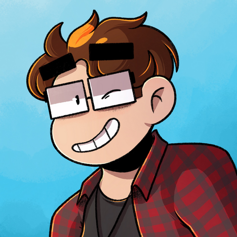 A chest-up illustration icon of a woman with short brown hair, glasses, with a big smile on her face. She’s wearing a red and black plaid button up shirt, unbuttoned, with a black t-shirt. The background is a blue gradient.