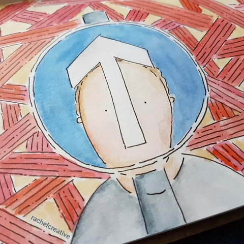 Art. Person as a One Way sign. Their head is integrated to the round blue sign with a white cross pointing up in the middle of their face. Their body is integrated to the pole. Behind them red crossed lines.