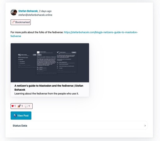 The Mastodon Starter Kit with Vue now has themes, visual representation of Favorite, Bookmarks, Likes and Boosts. Cards are getting there….