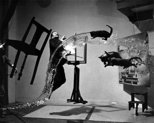 "Dali Atomicus" created in 1948 by Philippe Halsman and Salvador Dali.
This work was inspired by the discovery of the planetary model of the atom. It took 28 attempts to get the picture right.