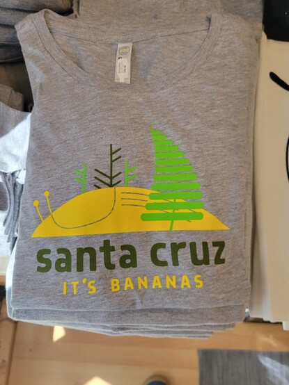Gray tee shirt with text "Santa Cruz / It's bananas" by artist Doug Ross. It shows an artistic silk-screened yellow banana slug between green flora (possibly a tree or fern)