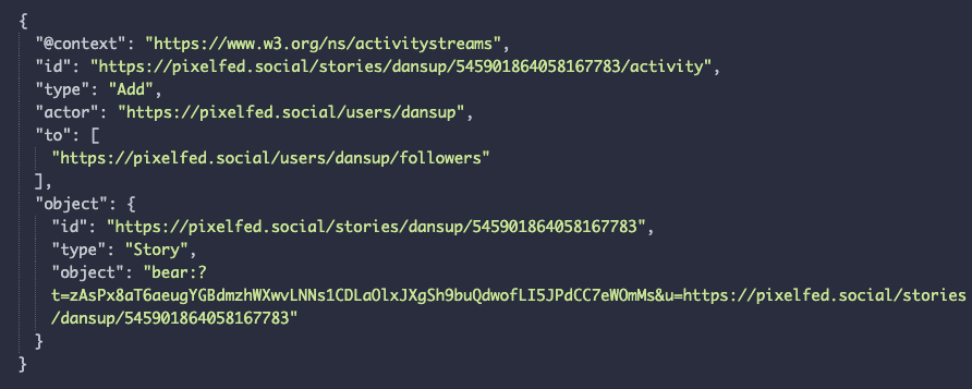 Pixelfed story activitypub object
