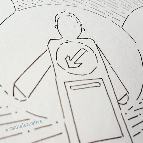 Ink on paper. Art work in progress. Outline of a person as a Keep Left bollard of vintage design. Their body is the stocky rectangular bollard, a circle on their chest with an arrow pointing down and left, the base is their feet. One arm points down and left like the sign. Behind them large circles outlined with lines of dots and dashes receding into the distance.