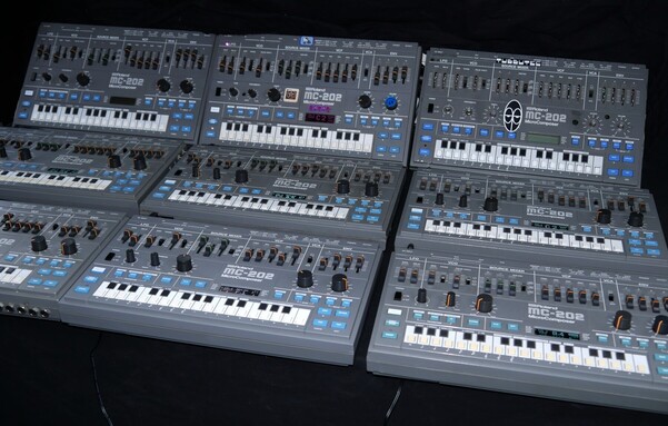 9 Roland MC-202 synthsizers, most of them modded with the Tubbutec MC-2oh2 upgrade