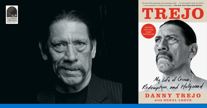 On the left: a black and white portrait of actor / author / restauranteur Danny Trejo, an older Hispanic man with a weathered face. On the right: the cover of his book, Trejo: My life of Crime, Redemption, and Hollywood. 