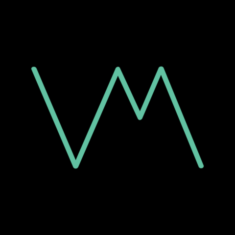The VanillaMint logo: the letters VM formed by one continuous mint-green colored line that has rounded edges, on a black background