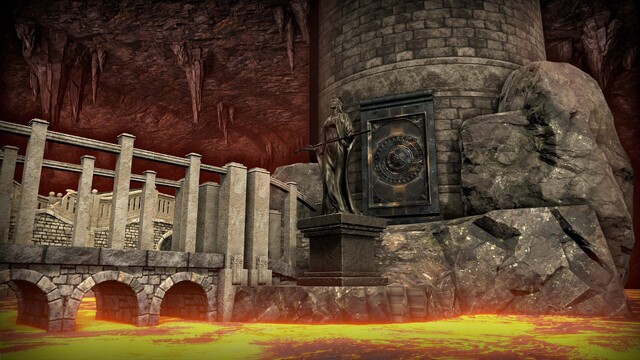 A perspective 3D view of the base of a tower with an iron door in its side. In front of the door is a statue of a human woman, and in her outstretched hands, she holds a sword.