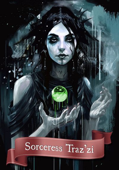A drow sorceress, she has half lidded arms and a somewhat dissipated expression. Her hands are held out in a spellcasting gesture, and hovering above one of them is a dripping green orb. (Described as a acid splash attack elsewhere.) There is a banner, which reads "Sorceress Traz'zi".