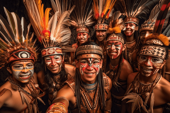 An AI generated image of Aztec warriors taking a group selfie.