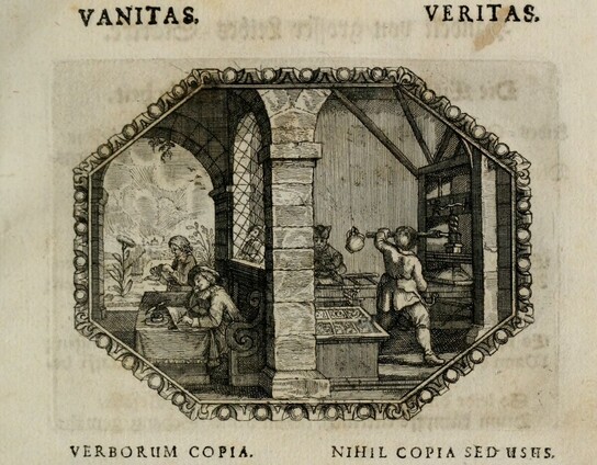 on the left a writer sitting at his desk is shown. at the right a printing press is situated