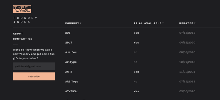 Screenshot website Type lol, Foundry Index, with logo on top left and text in white on black background