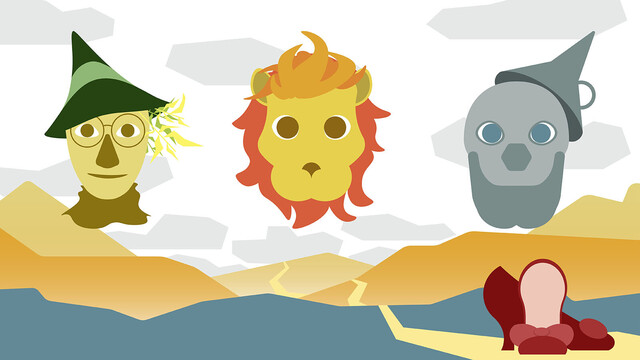 Drawing of a landscape with   heads of a scarecrow, lion, and tin man floating above it. 