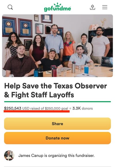 Help Save the Texas Observer & Fight Staff Layoffs
$250,543 USD raised of $250,000 goal • 3.3K donors