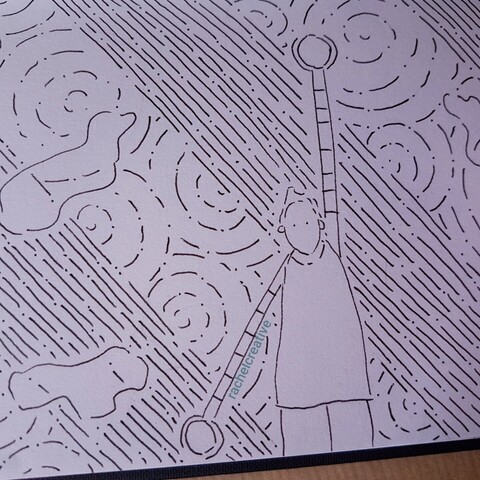 Art in progress. Ink on paper. Outline of person mid shot with boletia beacons for arms. One arm is straight up in the air, the other dipped to their side. Behind then the sky is striped like a zebra crossing with texture markings indicating the stripes.