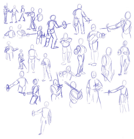 Various loose sketches of fencing poses. They are quick and gestural, with very few details.