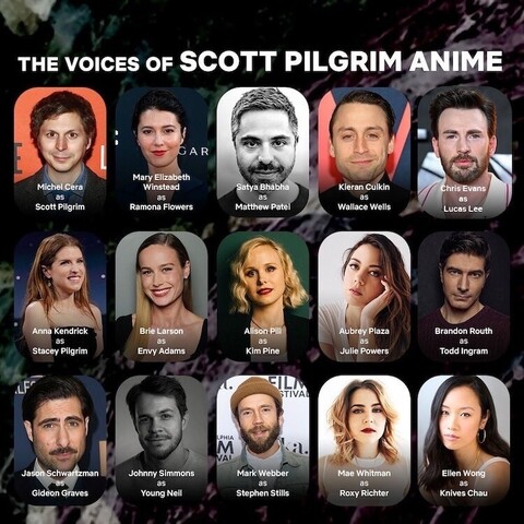 A grid of celebrities portraits titled “The Voices of Scott Pilgrim Anime” showing all the stars and their characters
