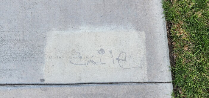Tagged word on a sidewalk was painted over with a rectangle of cream-colored paint; but the tagged part eroded, leaving the word "exile" in pale relief.