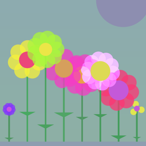 A field of 8 colorful flowers. Drawn on a 2d canvas with JavaScript, the first one is small and purple. The second one is big and yellow/red. The third one is even bigger and green / yellow. The 4th is smaller as the other two before and purple/orange. The 5th is a bit smalleer than the one before, purple/orange. The 6th is is a special plant, has transparent petals and is purple/yellow. The 7th is even smaller as the ones before and red/purple. The last and 8th one is as small as the first one in yellow/purple. The sun is a greyish purple, the sky is greenish grey. 