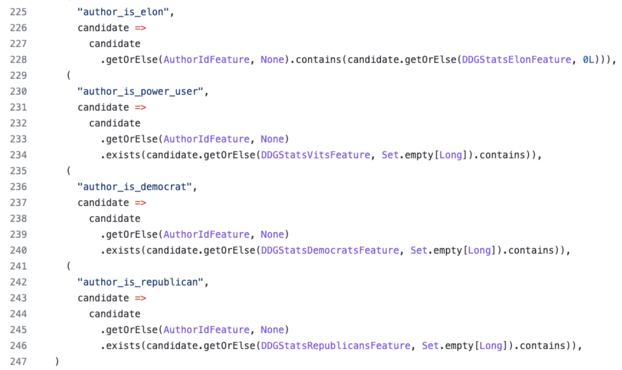  (
      "author_is_elon",
      candidate =>
        candidate
          .getOrElse(AuthorIdFeature, None).contains(candidate.getOrElse(DDGStatsElonFeature, 0L))),
    (