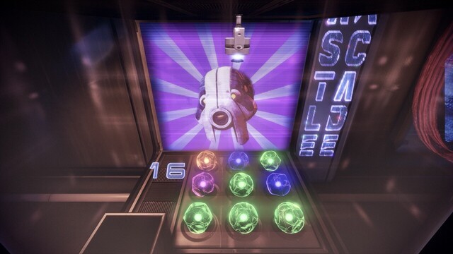 A screenshot of the Claw Game in Mass Effect 3: Citadel. The Claw Game consists of moving a claw above one orb of shifting colors in the claw game machine and selecting it. The orbs have four colors, each representing a different prize tier (green, blue, purple, orange in ascending order).