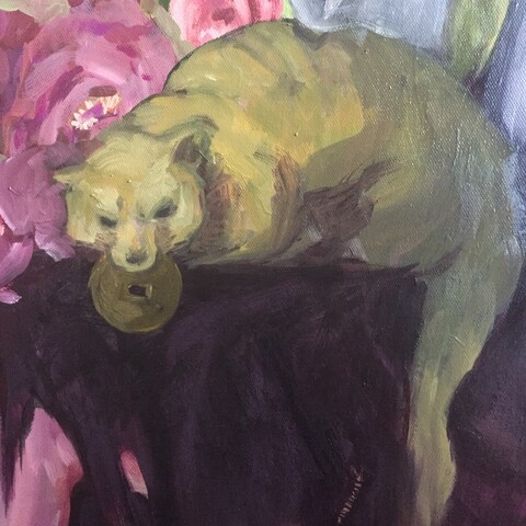 Painting of a yellow mongoose lying down with an asian coin with square hole in its mouth. A glimpse of pink peonies are behind.