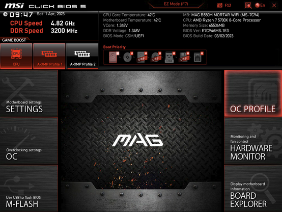 AMD 5700X overclocked to 4.82GHz on an MSI motherboard BIOS