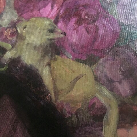 Painting of a young yellow mongoose reclining and looking to the side vigilantly. Peonies surround it.