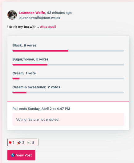 Screenshot of the Mastodon Starter Kit (Vue Edition). Adding polling and some other pleasantries.