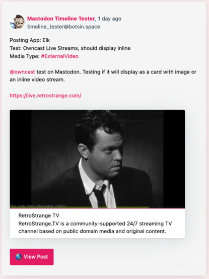 A view of a link card, showing an open graph image for RetroStrange.TV and the associated description under an image. This is actually a streaming video link, which I’d love to get working in-app like the official Mastodon app, but for now…just a link.