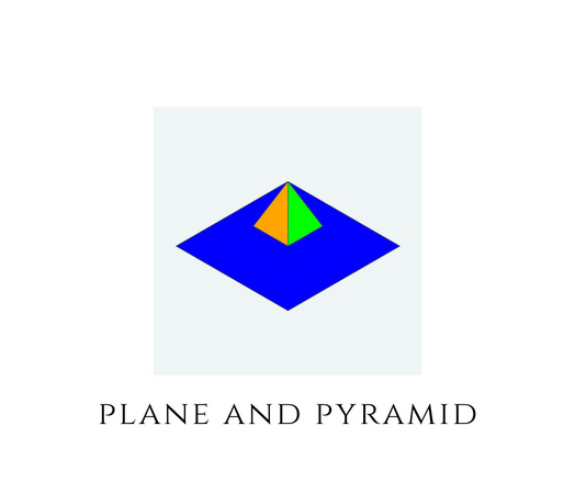 Blue square plane with an orange and green pyramid off-center of its surface.