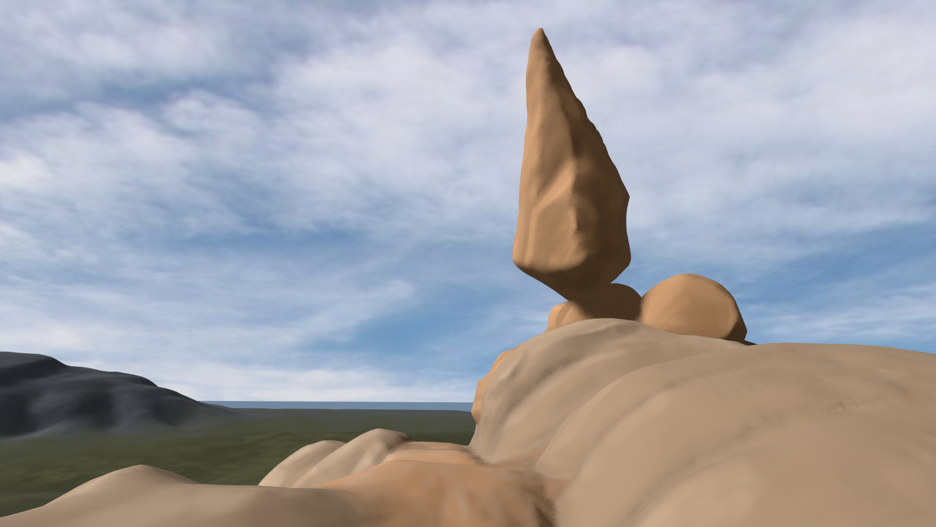 A texture painted 3D sculpt of a mountain trail overlooking the ocean and a distant mountain. Looming above the trail is a tall, pointed rock, balanced on some smaller, rounder rocks