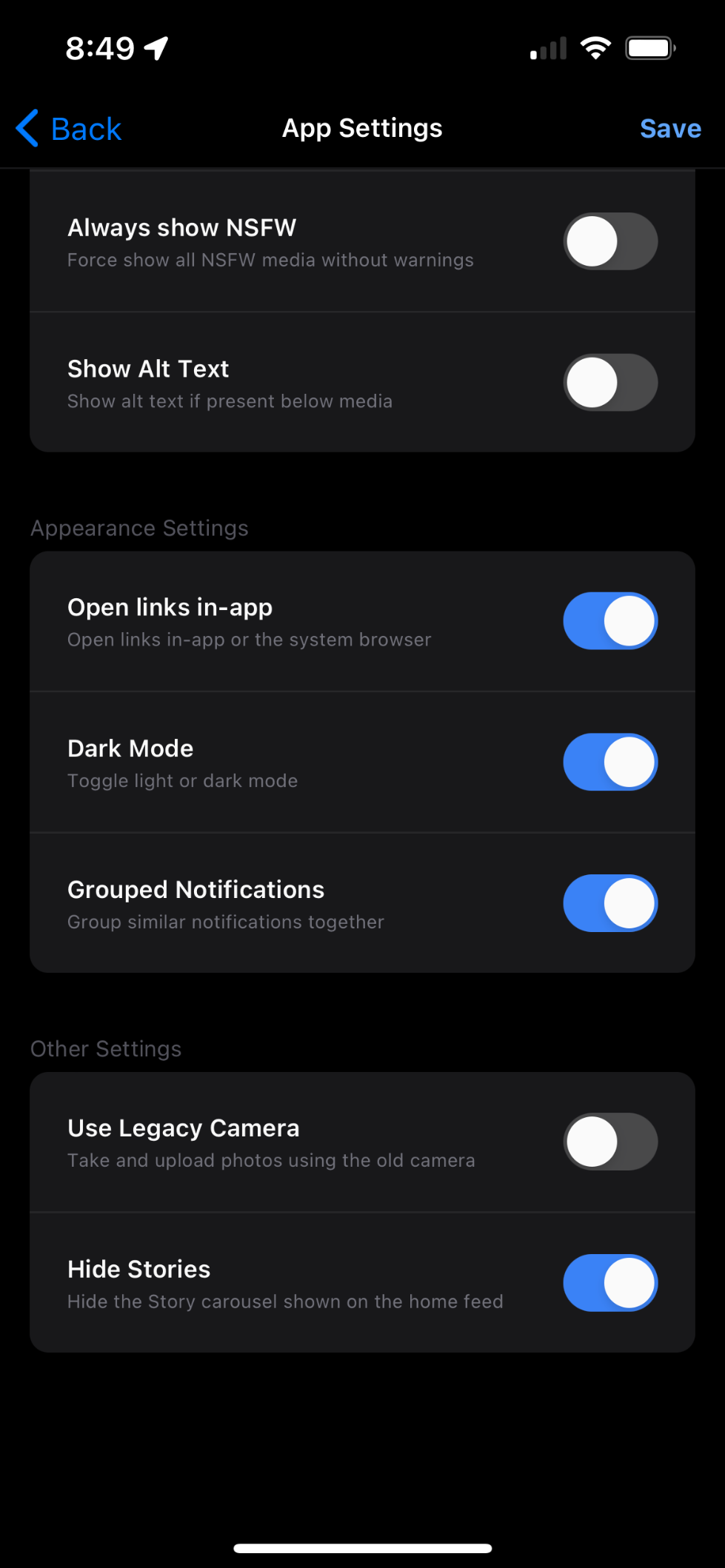 Pixelfed mobile app settings