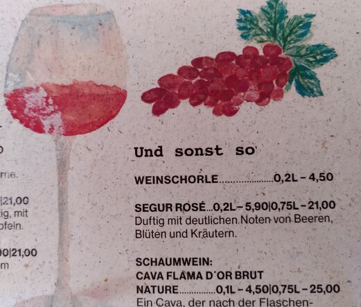 Ausschnitt einer Getränkekarte, Wein der Sorte "Segur Rosé".