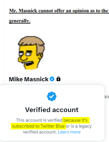 Screenshot of my profile on Twitter which *used* to note that I was a legacy verified account "who may or may not be notable" rather than a Twitter Blue subscriber, by now saying "This account is verified because it's subscribed to Twitter Blue or is a legacy verified account"