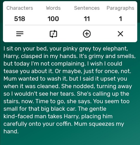A screenshot of a word counter app showing the story is precisely 100-words long. The story follows...

I sit on your bed, your pinky grey toy elephant, Harry, clasped in my hands. It's grimy and smells, but today I'm not complaining. I wish I could tease you about it. Or maybe, just for once, not. Mum wanted to wash it, but I said it upset you when it was cleaned. She nodded, turning away so I wouldn't see her tears. She's calling up the stairs, now. Time to go, she says. You seem too small for that big black car. The gentle kind-faced man takes Harry, placing him carefully onto your coffin. Mum squeezes my hand. 