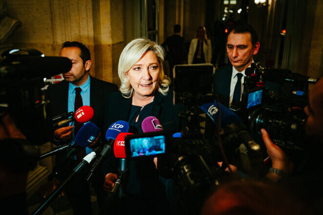 Marine Le Pen à l’Assemblée nationale après les debats sur la motion de censure déposée par le RN contre le gouvernement, le 17 février 2023. © Photo Amaury Cornu / Hans Lucas via AFP