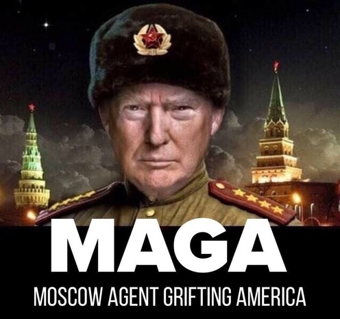 Donald #Trump wearing a traditional #Russian fur cap and uniform. 

Text:

#MAGA - #Moscow Agent Grifting America