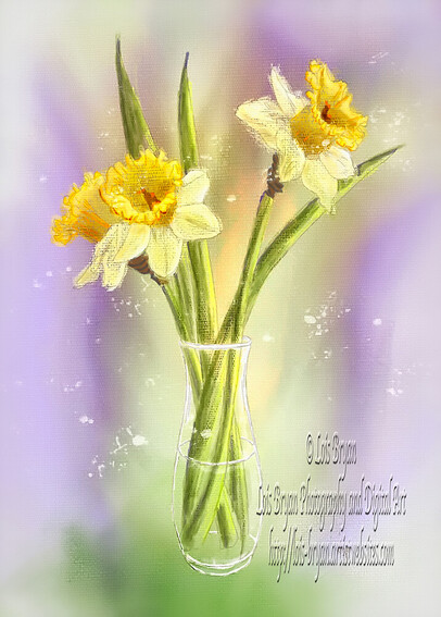 A small crystal vase filled with fresh daffodils (or jonquils?) digitally hand painted with soft watercolor brushes in Rebelle from my own photo, not from stock or public domain.  Not created by Artificial Intelligence.  Colors of greens and yellows with soft accents of purples and peaches to delight the eyes.