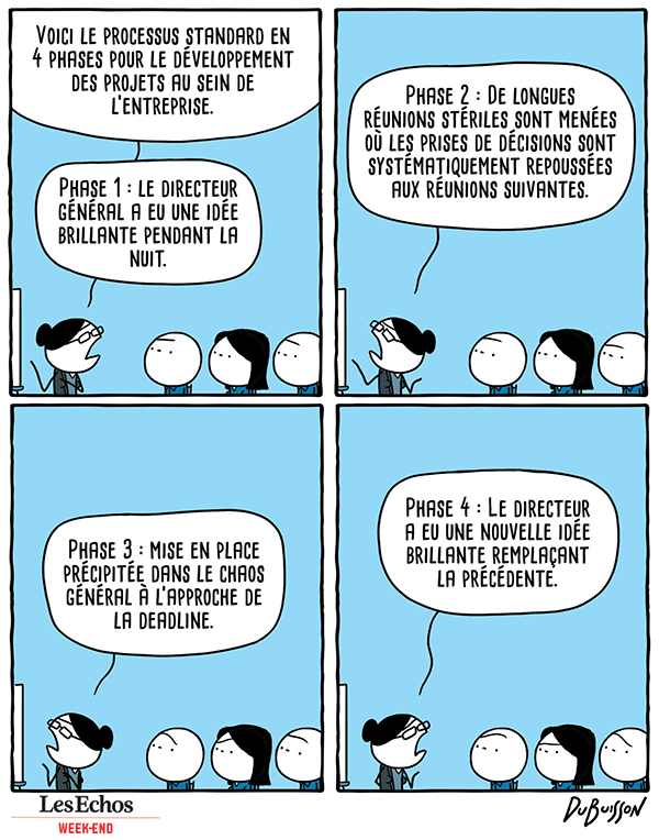 Une cadre dirigeante fait une présentation aux employés.

Cadre : "Voici le processus standard en 4 phases pour le développement des projets au sein de l'entreprise. Phase 1 : le directeur général a eu une brillante idée pendant la nuit. Phase 2 : de longues réunions stériles sont menées où les prises de décisions sont systématiquement repoussées aux réunions suivantes. Phase 3 : mise en place précipitée dans le chaos général à l'approche de la deadline. Phase 4 : le directeur a eu une nouvelle idée brillante remplaçant la précédente."