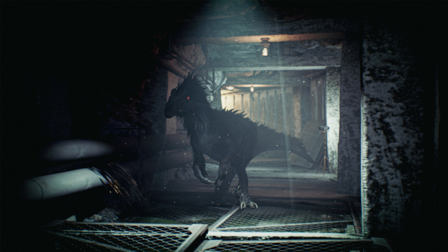 A screenshot from the upcoming Unreal 5 game "Deathground", a co-op survival horror game with a Jurassic-Park-like theme.

We are looking down an inconsistently-lit concrete hallway, some kind of utility tunnel. In the foreground, metal mesh floor panels lie off-kilter. A dark liquid flows from a large, dented pipe running along the wall.

In the center of the hallway, a Utahraptor stands just outside the cone of a ceiling spotlight. It stands about 6 feet tall, with a triangular snout, long, clawed forelimbs, and one glowing red eye visible in the shadow. Silhouetted by background lights, its outline is defined by wet, scraggly feathers forming a jagged crest down its neck, back, and tail.

One powerful foot steps into the foreground light, revealing the massive curved toeclaw.