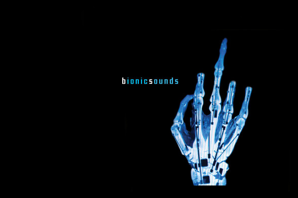 A blue X-ray hand with technical implants, showing the fuck-off-middle-finger. Please visit bionicsounds.com