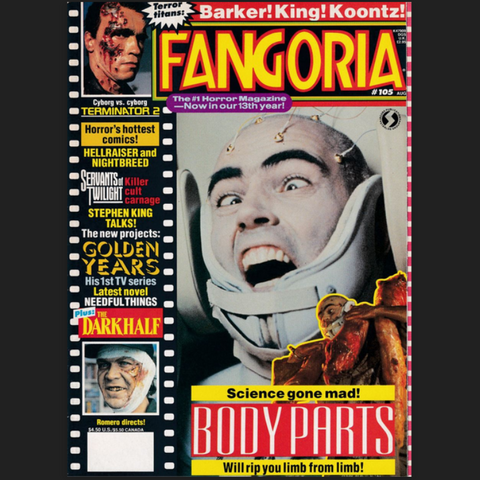 Fangoria Number 105 covering featuring a shouting bald man with a cervical traction collar  from the movie Body Parts.