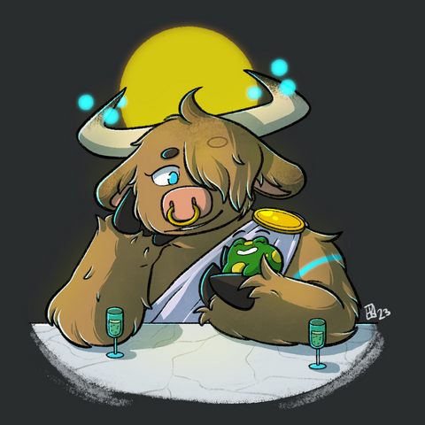 An illustration of Bullexa and Squibbert from the Hello from the Magic Tavern spin-off, Masters of Mayhem. They chat with glasses of champagne next to them. Bullexa is a large bipedal bull, with brown fur, fringe bangs over one eye, horns with dark brown tips with orbs of light hovering around them, a nose ring, and a halo behind her head. She’s wearing a toga that is pinned at her shoulder with a large gold disc. She holds Squibbert, who is a small green frog with yellow spots, in one of her hooves.