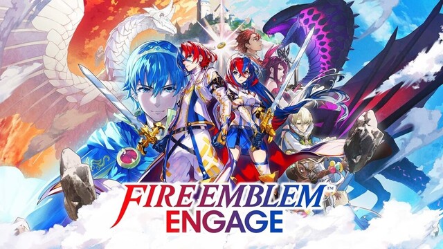 The cover art for fire emblem engage!  It features both forms of the game's protagonist, Alear, each with blue and red hair, brandishing swords.  In the background is Marth, each kingdom's primary heirs, and a pair of warring dragons.