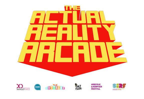 The words "The actual reality arcade" printed in block capitals in the style of an old fashioned computer game.
