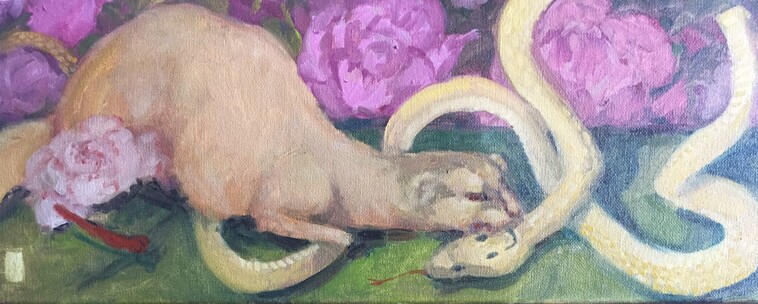 painting of a yellow mongoose biting the head of a cobra. Peonies are behind and a red dragonfly (wings to be added when dry) is alongside the mongoose.