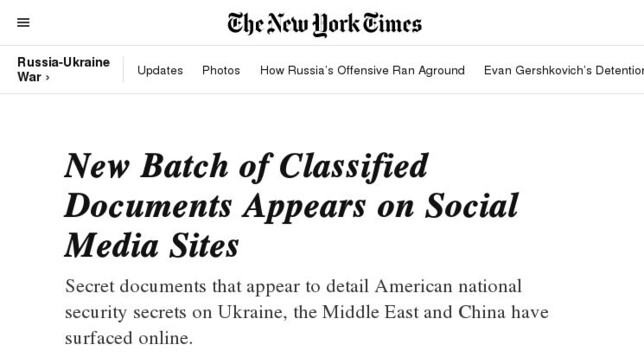 Alleged classified docs on social media.
Headlines The New York Times 2023 Apr.07