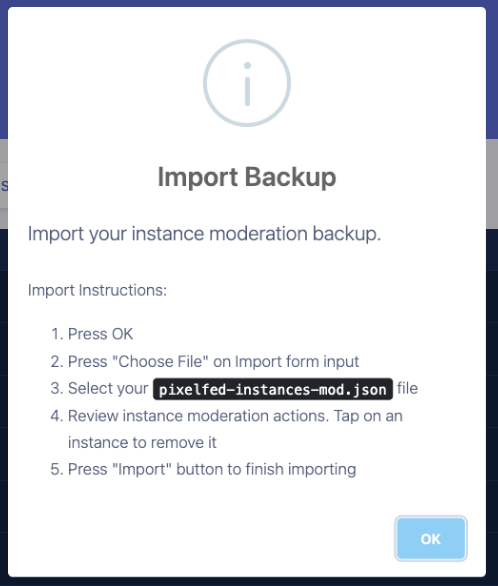 Pixelfed admin import mod list backup